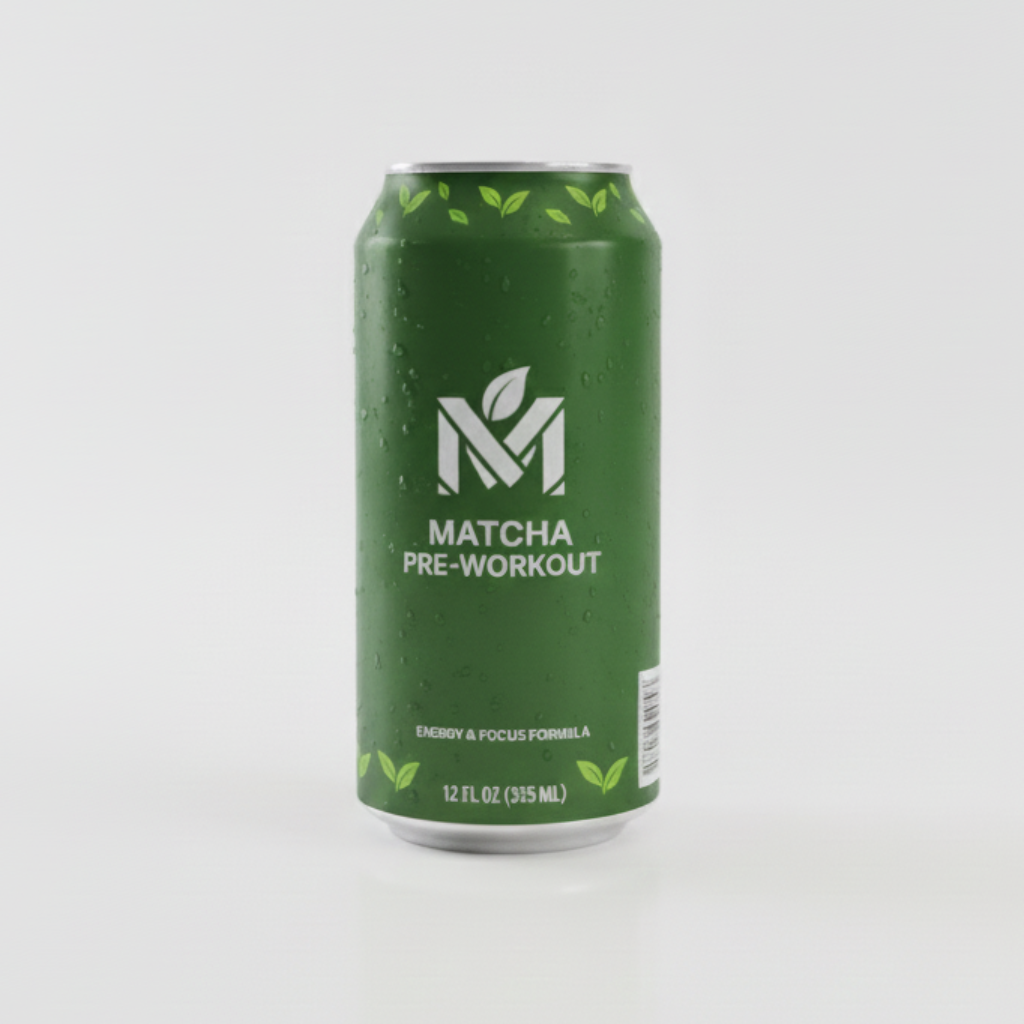 Green can of Matcha Pre-Workout on a white background