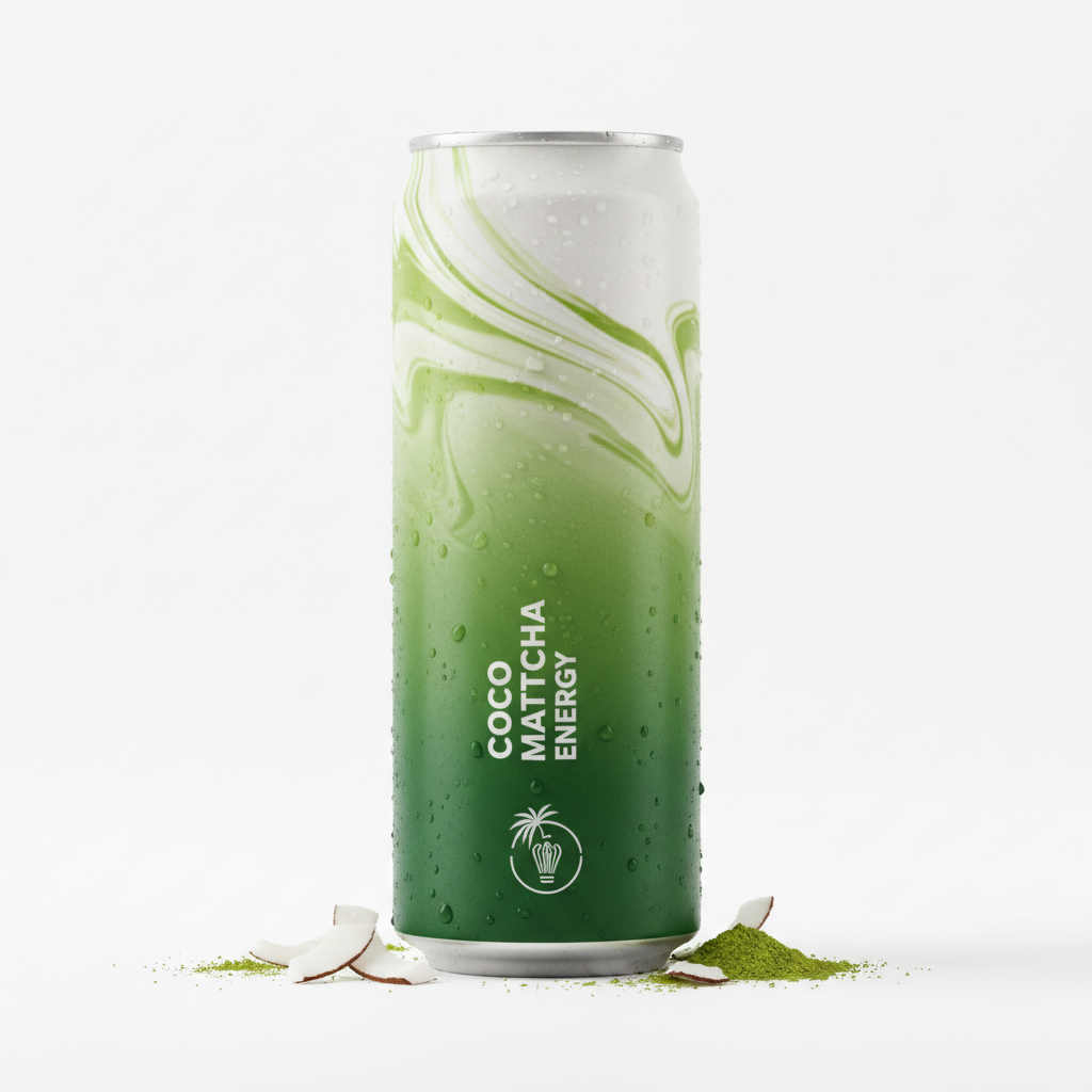 Coconut matcha pre-workout drink in a 12 oz aluminum can.